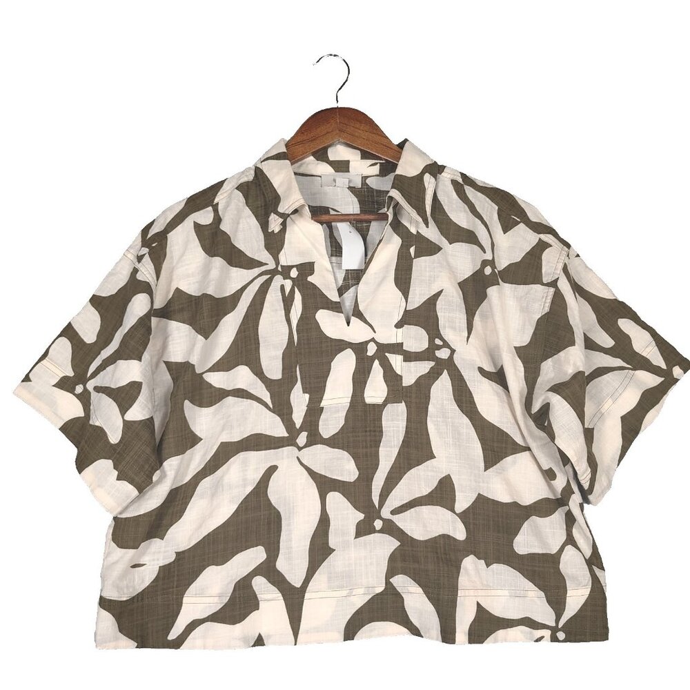 Loft Outlet Top Womens Medium Cream Olive Tropical Print Boxy Blouse Coastal NWT